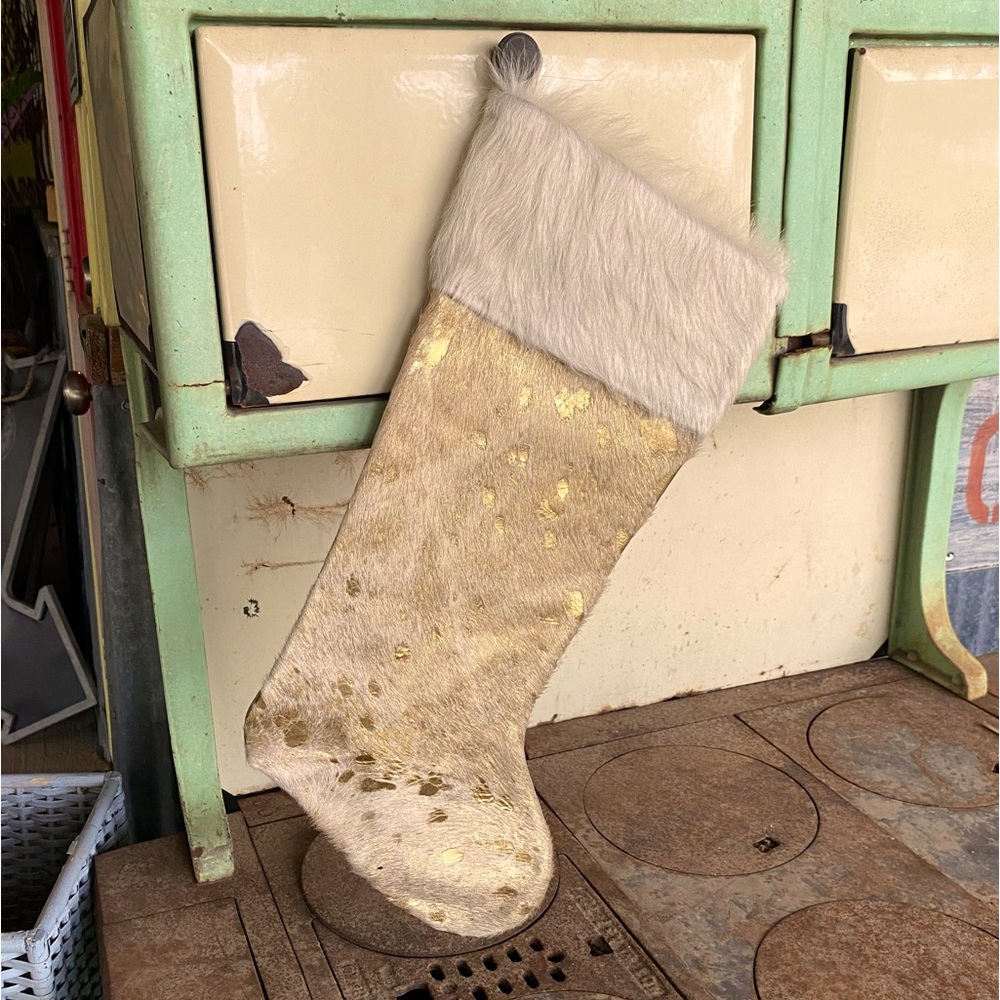 Custom Made Cowhide and Leather Gold Acid Wash Christmas Stocking